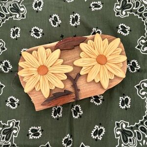 Vintage Handmade Carved Wood Daisy Floral Puzzle Jewelry Stash Box